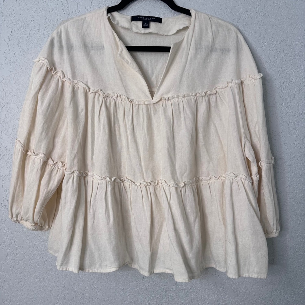 Marc New York Andrew‎ Marc Ivory Linen Blend Tiered Babydoll Blouse Medium